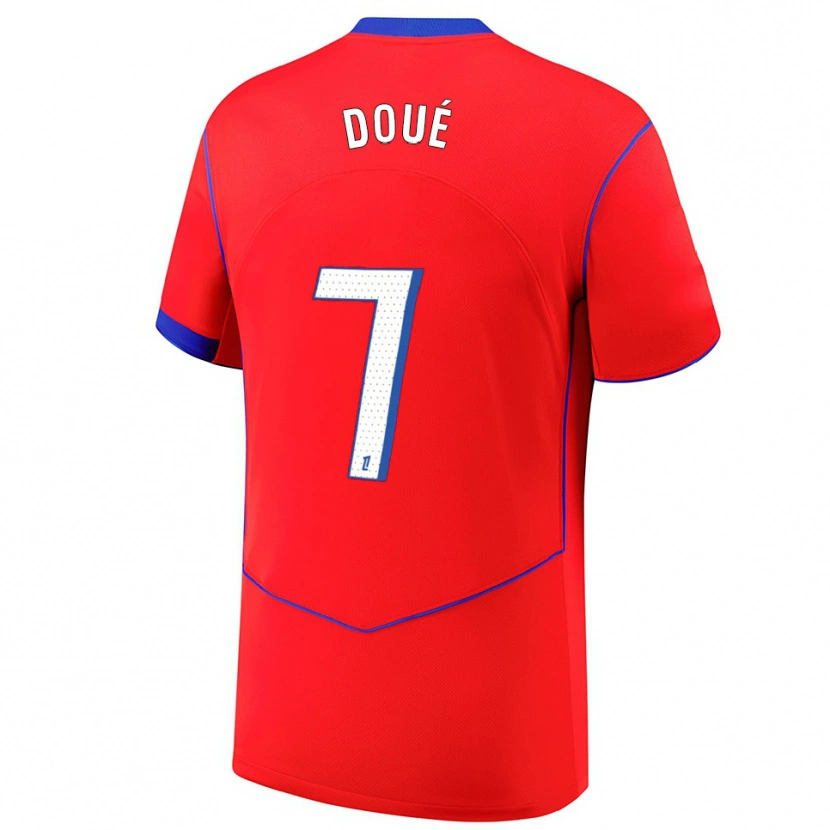 Danxen Niño Camiseta Eddy Doué #7 Rojo Azul Blanco Equipación Tercera 2025/26 La Camisa México