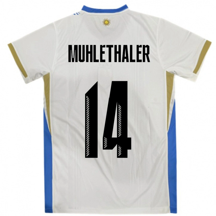 Danxen Niño Camiseta Uruguay Stiven Muhlethaler #14 Blanco Azul 2ª Equipación 24-26 La Camisa México