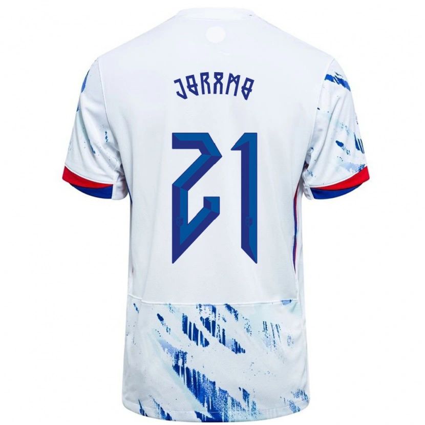 Danxen Hombre Camiseta Noruega Emilie Joramo #21 Blanco Azul 2ª Equipación 24-26 La Camisa México