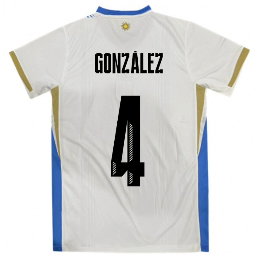 Danxen Mujer Camiseta Uruguay Facundo González #4 Blanco Azul 2ª Equipación 24-26 La Camisa México