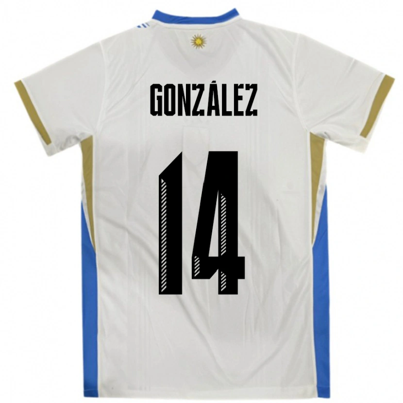 Danxen Mujer Camiseta Uruguay Pilar Gonzalez #14 Blanco Azul 2ª Equipación 24-26 La Camisa México