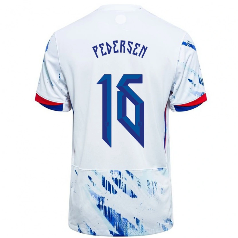 Danxen Mujer Camiseta Noruega Marcus Pedersen #16 Blanco Azul 2ª Equipación 24-26 La Camisa México