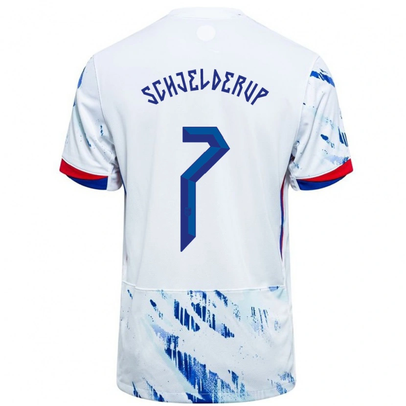 Danxen Mujer Camiseta Noruega Andreas Schjelderup #7 Blanco Azul 2ª Equipación 24-26 La Camisa México