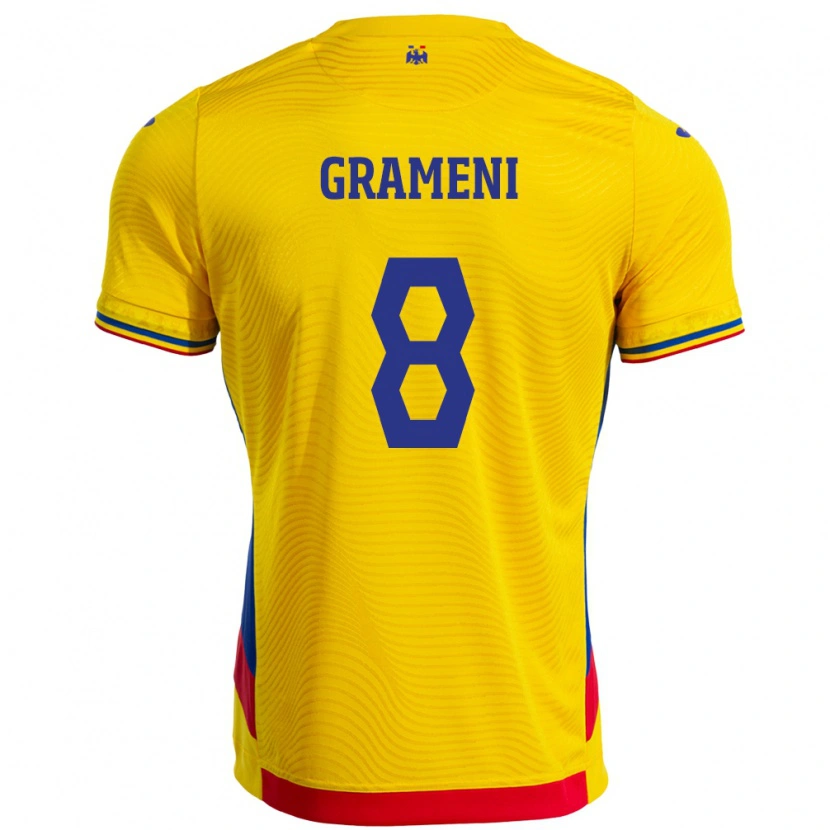 Danxen Hombre Camiseta Rumania Constantin Grameni #8 Amarillo 1ª Equipación 24-26 La Camisa México