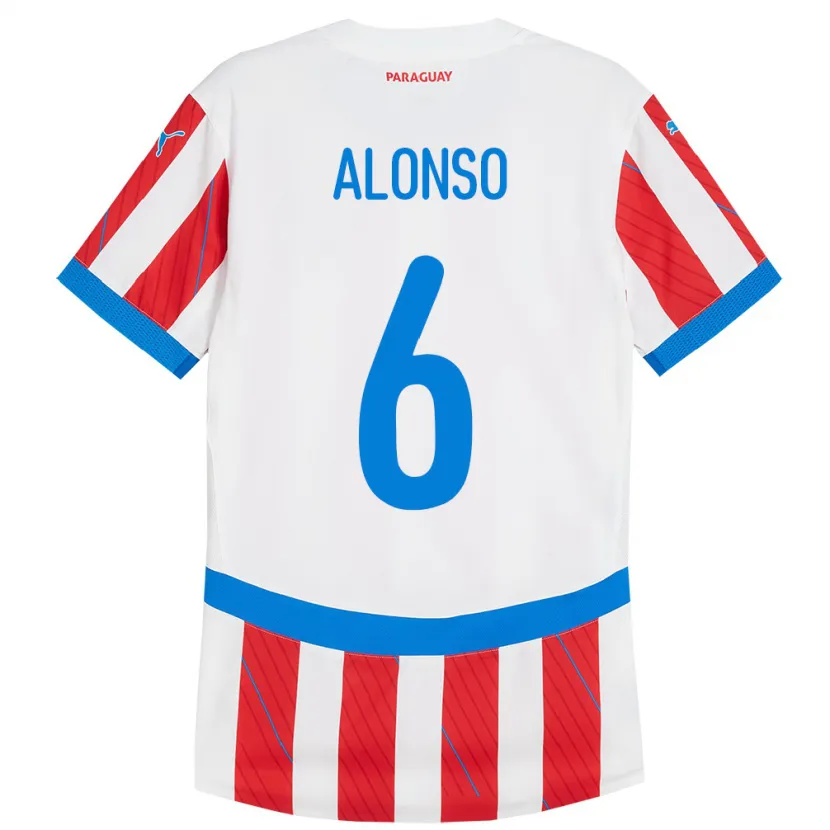 Danxen Hombre Camiseta Paraguay Júnior Alonso #6 Blanco Rojo 1ª Equipación 24-26 La Camisa México