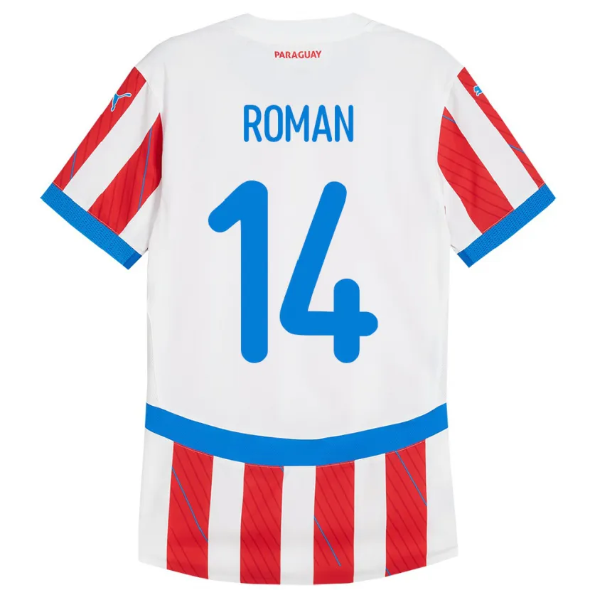 Danxen Hombre Camiseta Paraguay Fernando Román #14 Blanco Rojo 1ª Equipación 24-26 La Camisa México