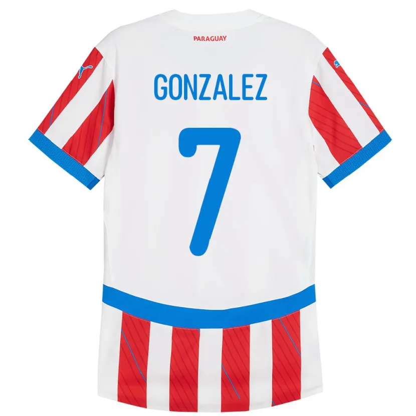 Danxen Mujer Camiseta Paraguay Diego González #7 Blanco Rojo 1ª Equipación 24-26 La Camisa México