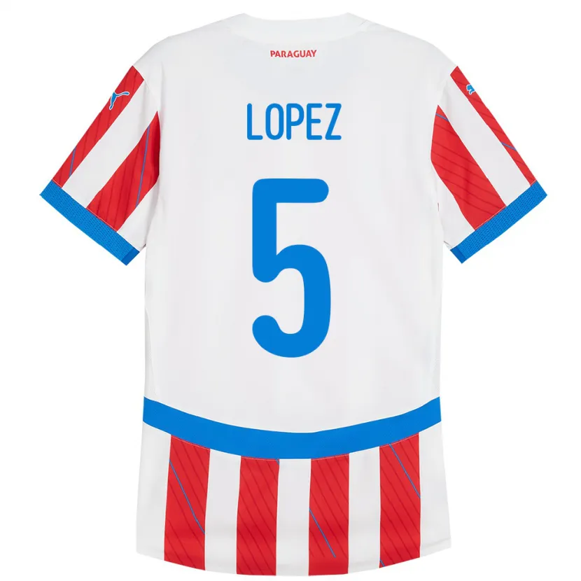 Danxen Mujer Camiseta Paraguay Óscar López #5 Blanco Rojo 1ª Equipación 24-26 La Camisa México