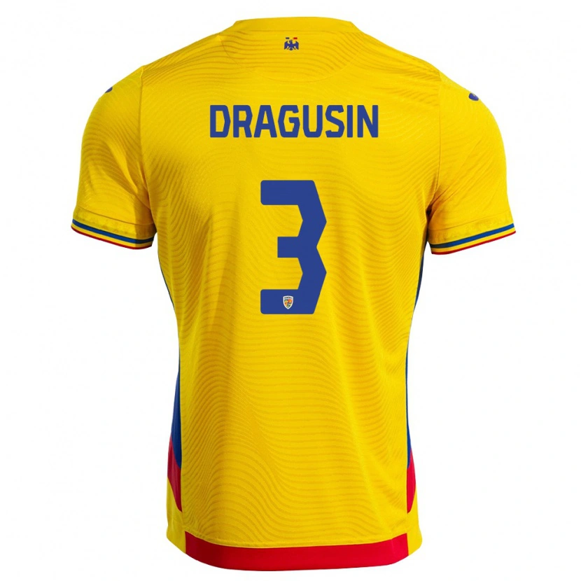 Danxen Niño Camiseta Rumania Radu Drăgușin #3 Amarillo Rojo 1ª Equipación 26-28 La Camisa México