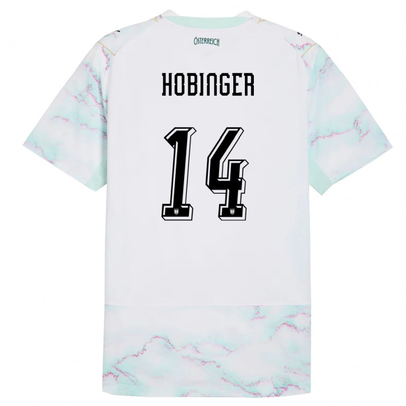 Danxen Niño Camiseta Austria Marie Höbinger #14 Blanco Verde Oro 2ª Equipación 26-28 La Camisa México