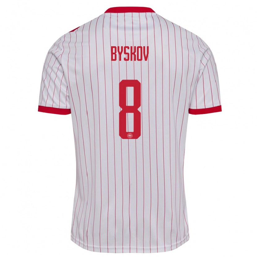 Danxen Hombre Camiseta Dinamarca Valdemar Byskov #8 Blanco Rojo 2ª Equipación 26-28 La Camisa México
