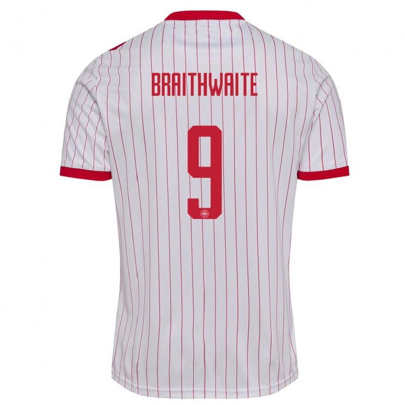 Danxen Hombre Camiseta Dinamarca Martin Braithwaite #9 Blanco Rojo 2ª Equipación 26-28 La Camisa México