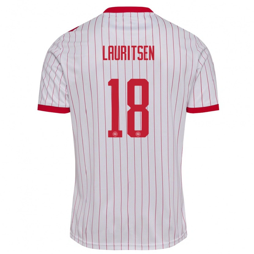 Danxen Hombre Camiseta Dinamarca Tobias Lauritsen #18 Blanco Rojo 2ª Equipación 26-28 La Camisa México