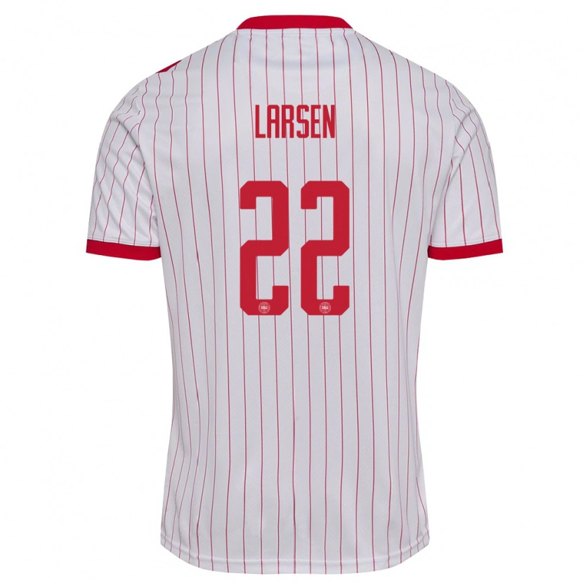 Danxen Hombre Camiseta Dinamarca Kathrine Larsen #22 Blanco Rojo 2ª Equipación 26-28 La Camisa México