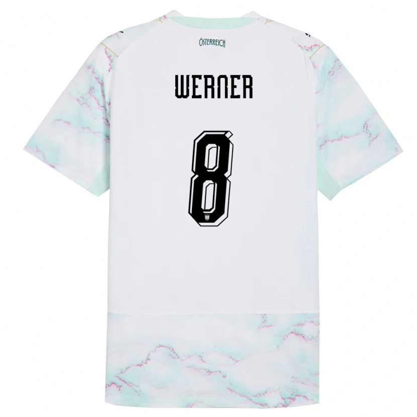 Danxen Mujer Camiseta Austria Jakob Werner #8 Blanco Verde Oro 2ª Equipación 26-28 La Camisa México