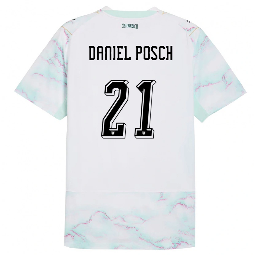 Danxen Mujer Camiseta Austria Daniel Posch #21 Blanco Verde Oro 2ª Equipación 26-28 La Camisa México