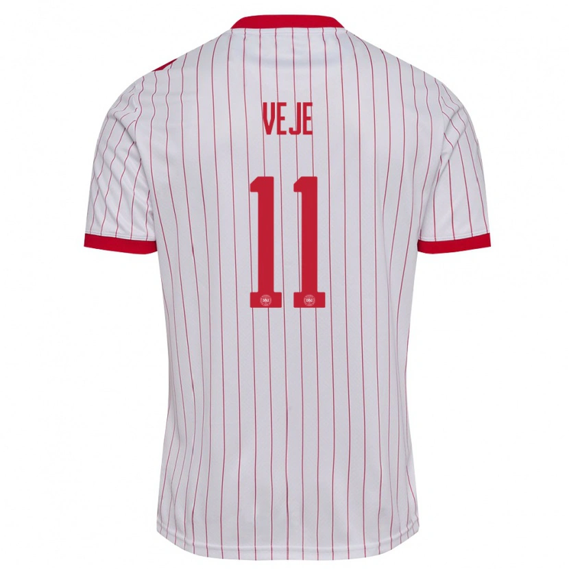 Danxen Mujer Camiseta Dinamarca Katrine Veje #11 Blanco Rojo 2ª Equipación 26-28 La Camisa México