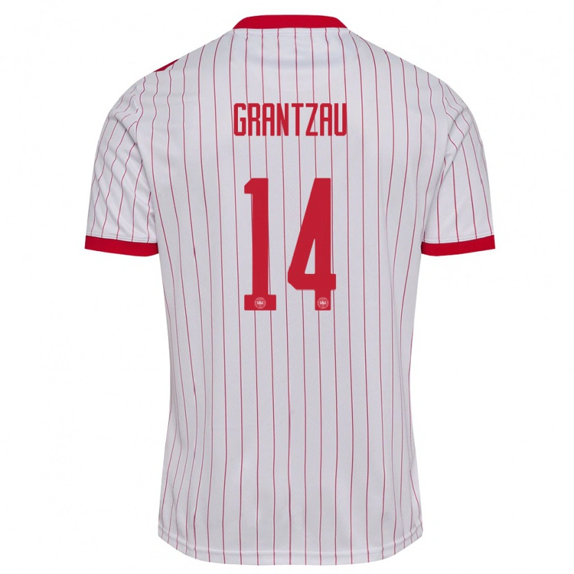 Danxen Mujer Camiseta Dinamarca Zander Grantzau #14 Blanco Rojo 2ª Equipación 26-28 La Camisa México
