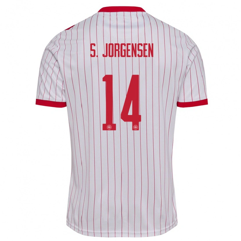 Danxen Mujer Camiseta Dinamarca Sebastian Jorgensen #14 Blanco Rojo 2ª Equipación 26-28 La Camisa México