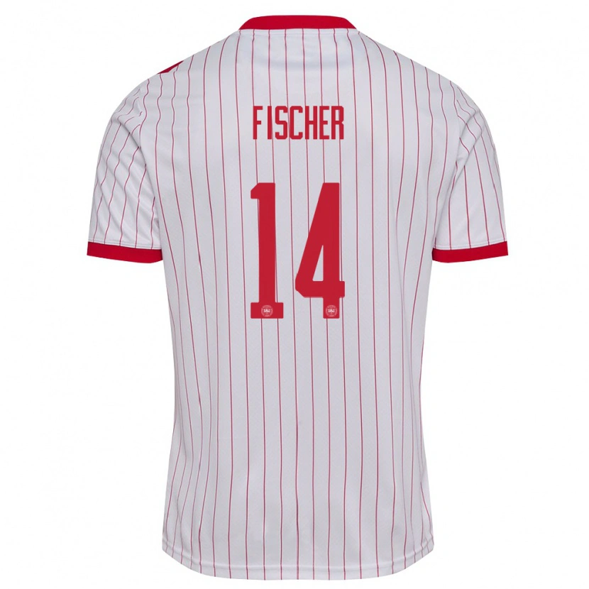 Danxen Mujer Camiseta Dinamarca Mikkel Fischer #14 Blanco Rojo 2ª Equipación 26-28 La Camisa México