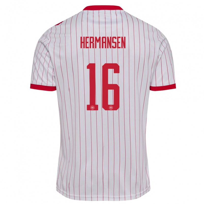 Danxen Mujer Camiseta Dinamarca Mads Hermansen #16 Blanco Rojo 2ª Equipación 26-28 La Camisa México