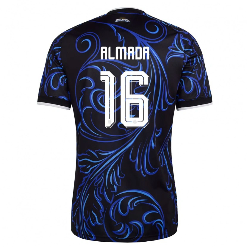 Danxen Niño Camiseta Argentina Thiago Almada #16 Negro Blanco Azul Cielo 2ª Equipación 26-28 La Camisa México