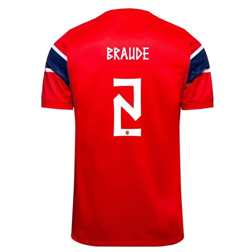 Danxen Hombre Camiseta Noruega Oliver Braude #2 Rojo Marino Blanco 1ª Equipación 26-28 La Camisa México