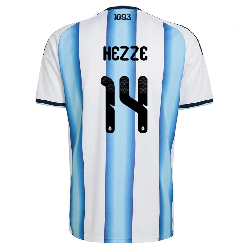 Danxen Hombre Camiseta Argentina Santiago Hezze #14 Blanco Azul Cielo Marino 1ª Equipación 26-28 La Camisa México