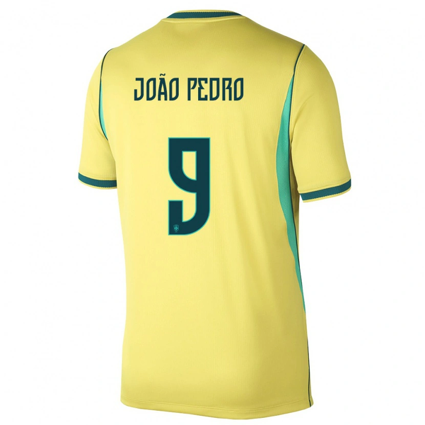 Danxen Hombre Camiseta Brasil João Pedro #9 Amarillo Verde 1ª Equipación 26-28 La Camisa México