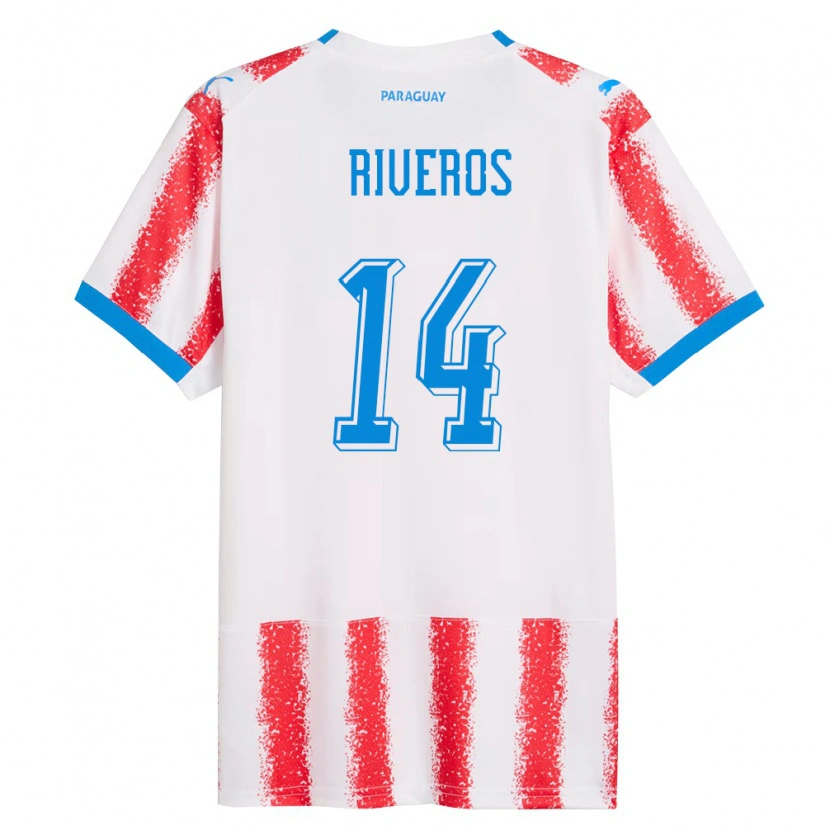Danxen Hombre Camiseta Paraguay Blas Riveros #14 Blanco Rojo Azul 1ª Equipación 26-28 La Camisa México