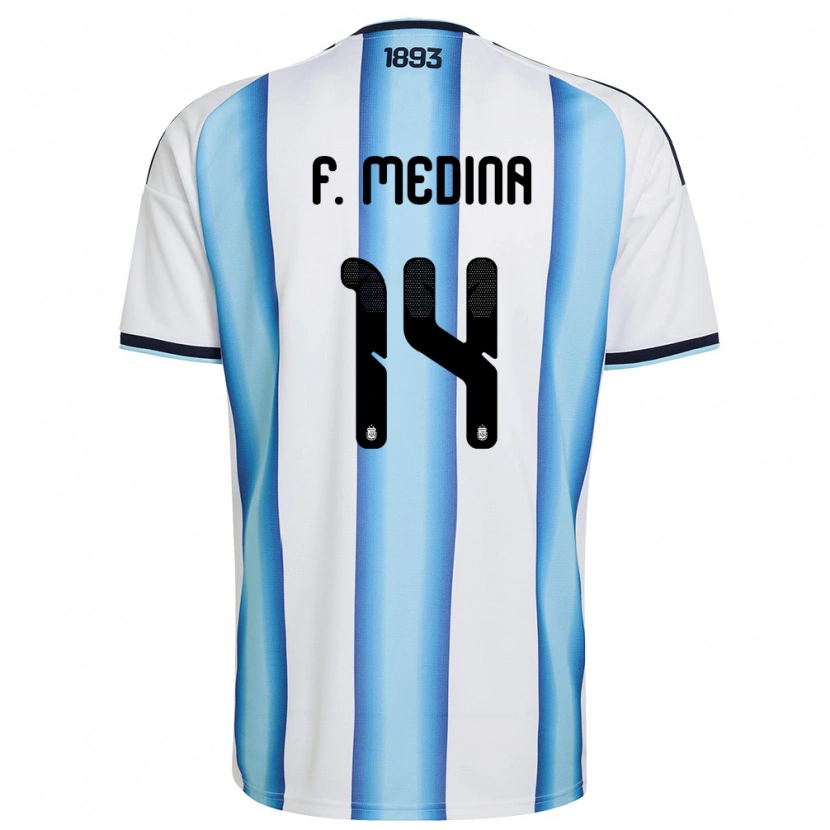 Danxen Mujer Camiseta Argentina Facundo Medina #14 Blanco Azul Cielo Marino 1ª Equipación 26-28 La Camisa México