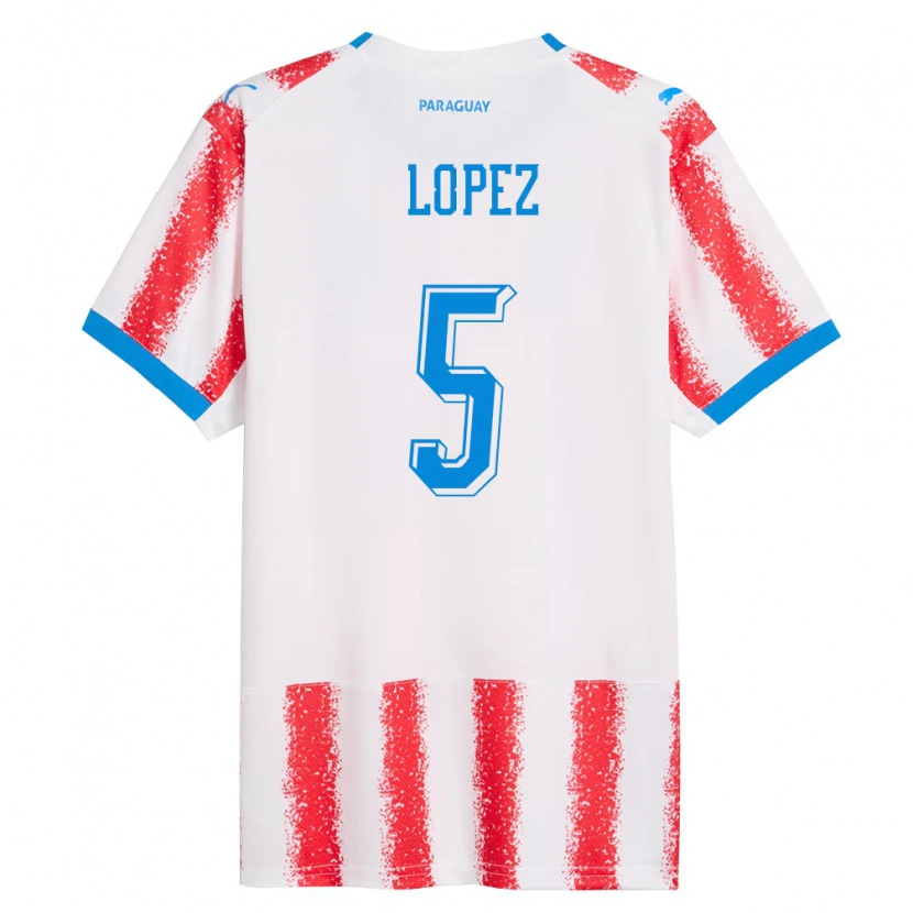 Danxen Mujer Camiseta Paraguay Óscar López #5 Blanco Rojo Azul 1ª Equipación 26-28 La Camisa México