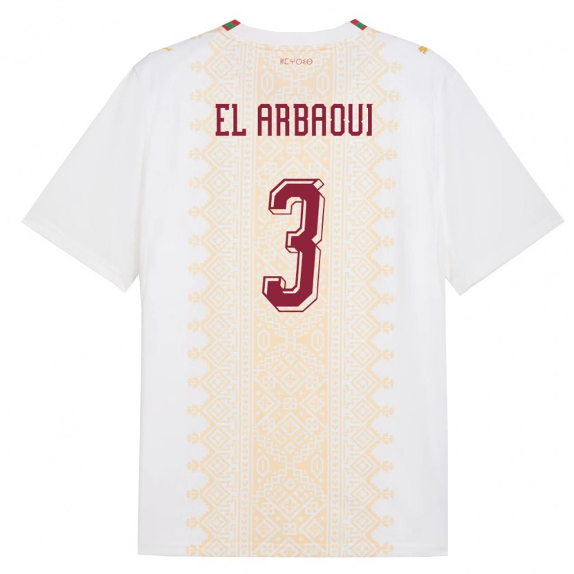 Danxen Niño Camiseta Marruecos Ilyas El Arbaoui #3 Blanco Oro Rojo 2ª Equipación 26-28 La Camisa México
