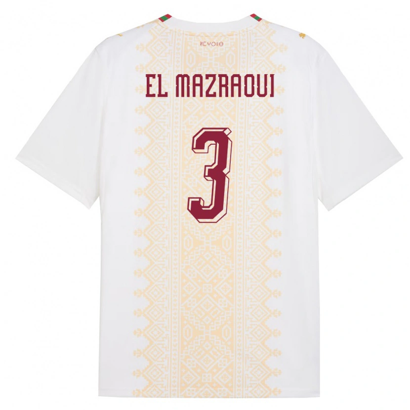 Danxen Hombre Camiseta Marruecos Noussair El Mazraoui #3 Blanco Oro Rojo 2ª Equipación 26-28 La Camisa México