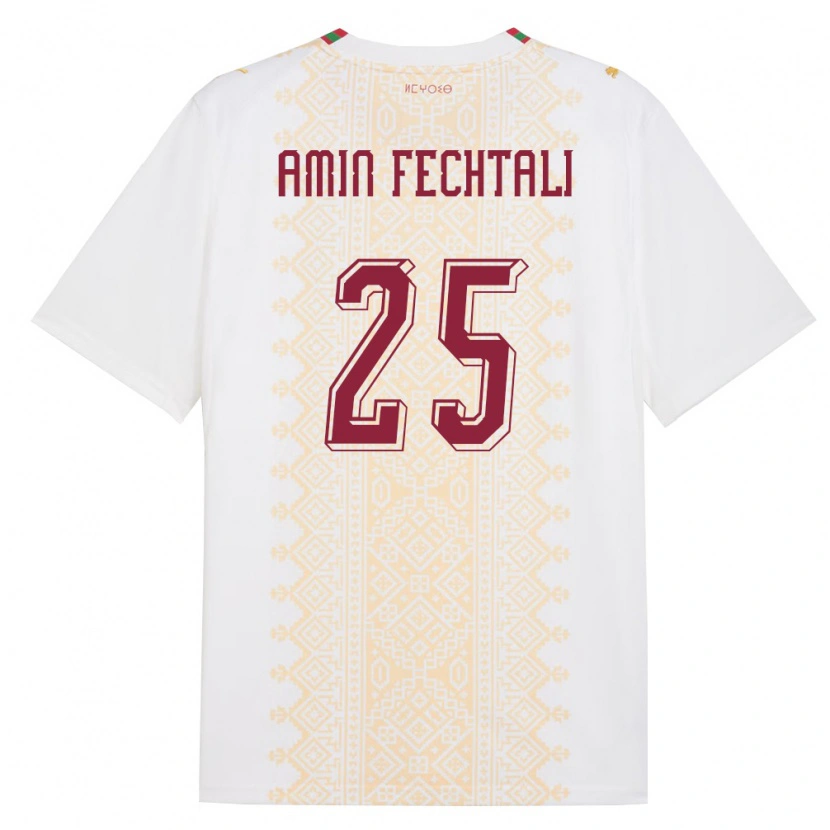 Danxen Hombre Camiseta Marruecos Oualid Amin Fechtali #25 Blanco Oro Rojo 2ª Equipación 26-28 La Camisa México