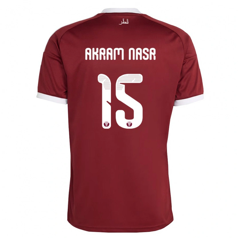 Danxen Mujer Camiseta Catar Mohamed Akram #15 Rojo Borgoña Blanco 1ª Equipación 26-28 La Camisa México