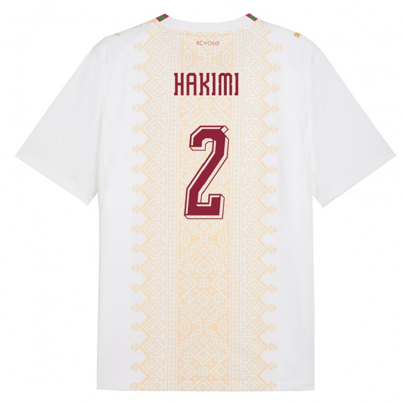 Danxen Mujer Camiseta Marruecos Achraf Hakimi #2 Blanco Oro Rojo 2ª Equipación 26-28 La Camisa México