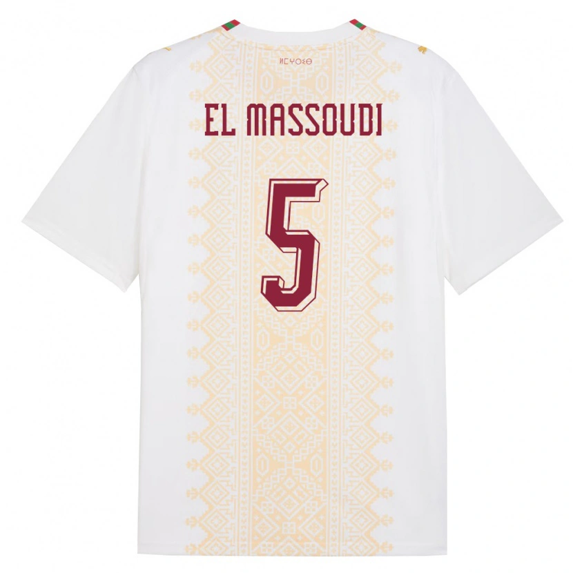 Danxen Mujer Camiseta Marruecos Nassim El Massoudi #5 Blanco Oro Rojo 2ª Equipación 26-28 La Camisa México