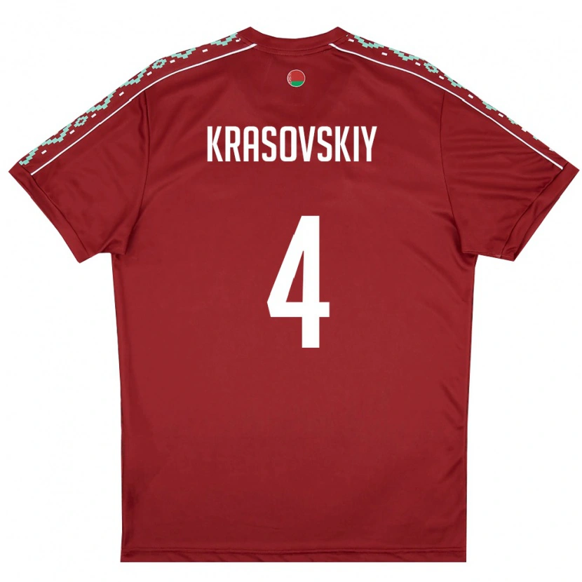 Danxen Hombre Camiseta Bielorrusia Vladislav Krasovskiy #4 Rojo Oscuro Blanco 1ª Equipación 26-28 La Camisa México