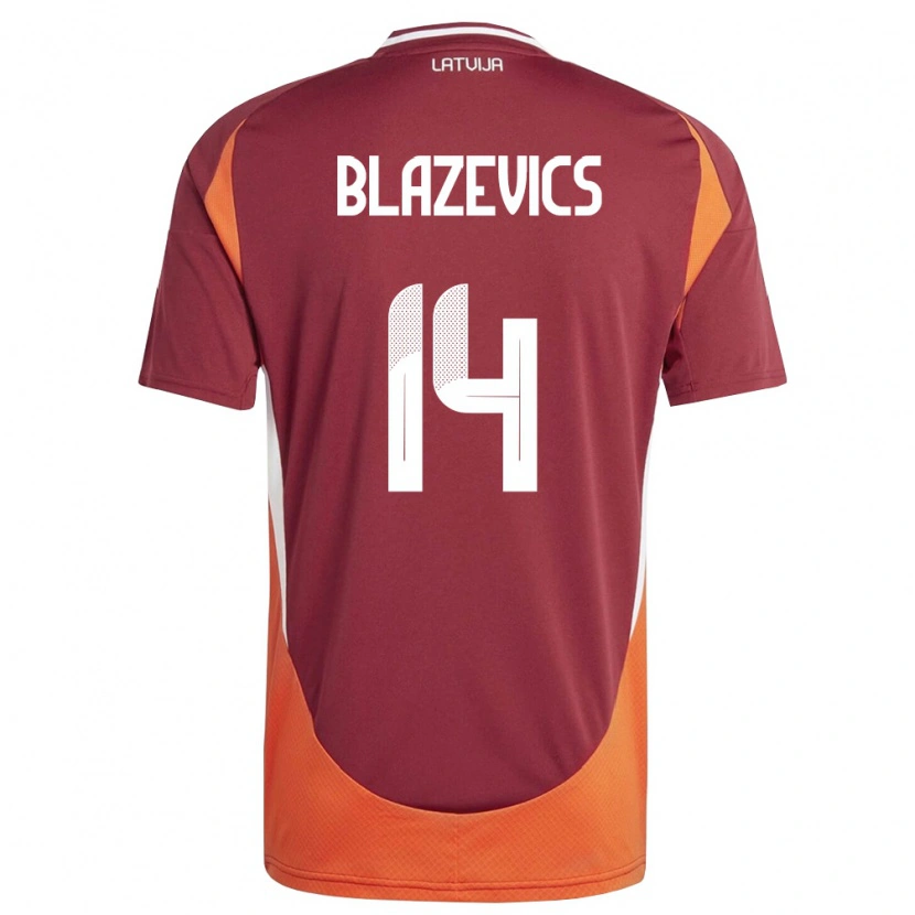 Danxen Hombre Camiseta Letonia Olivers Blazevics #14 Rojo Oscuro Blanco Naranja 1ª Equipación 26-28 La Camisa México