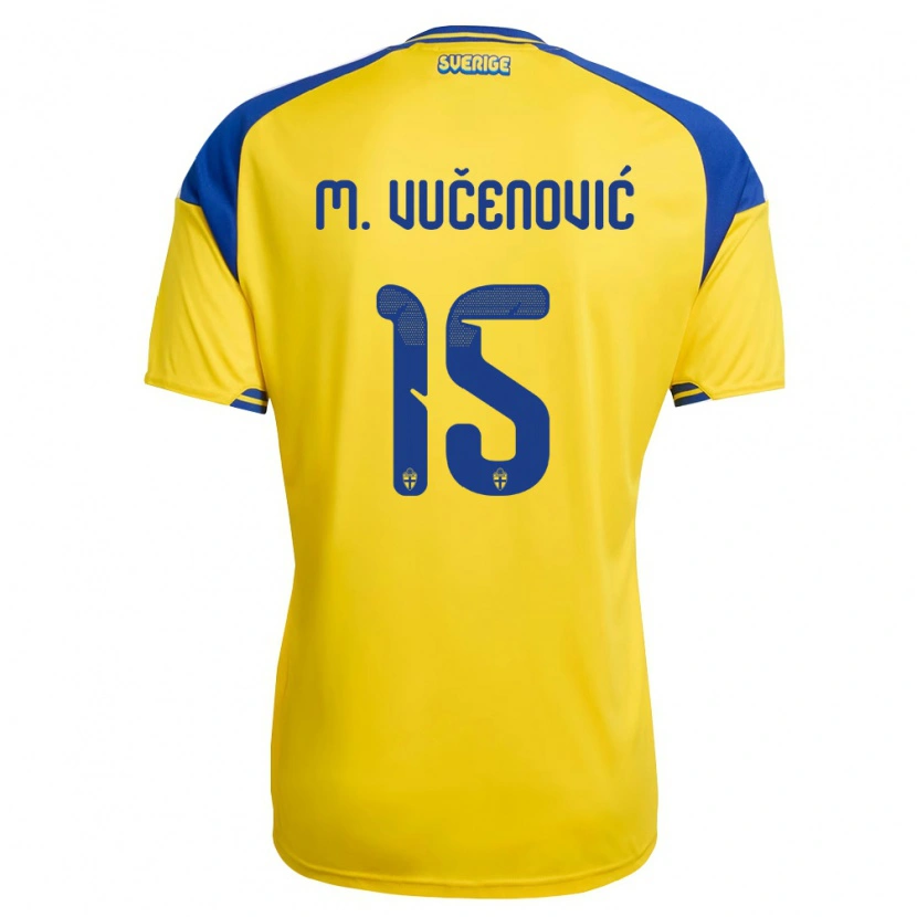 Danxen Mujer Camiseta Suecia Melvin Vučenović Persson #15 Amarillo Azul Blanco 1ª Equipación 26-28 La Camisa México