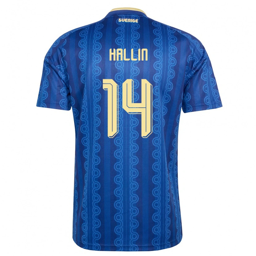 Danxen Mujer Camiseta Suecia Malte Hallin #14 Azul Amarillo Marino 2ª Equipación 26-28 La Camisa México