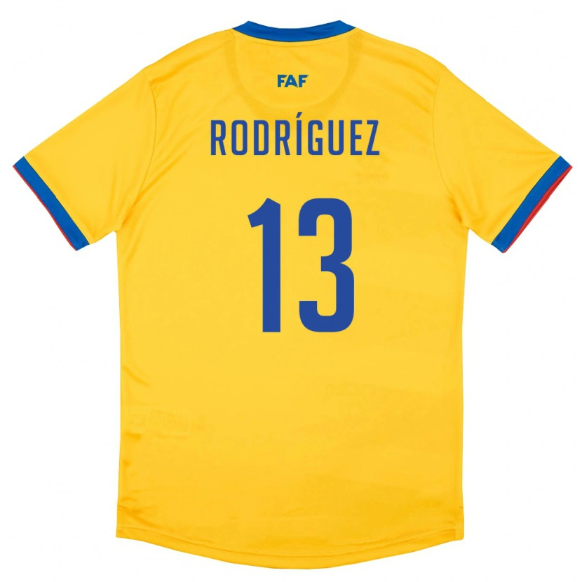 Danxen Mujer Camiseta Andorra Arnau Rodríguez #13 Amarillo Azul Rojo 2ª Equipación 26-28 La Camisa México