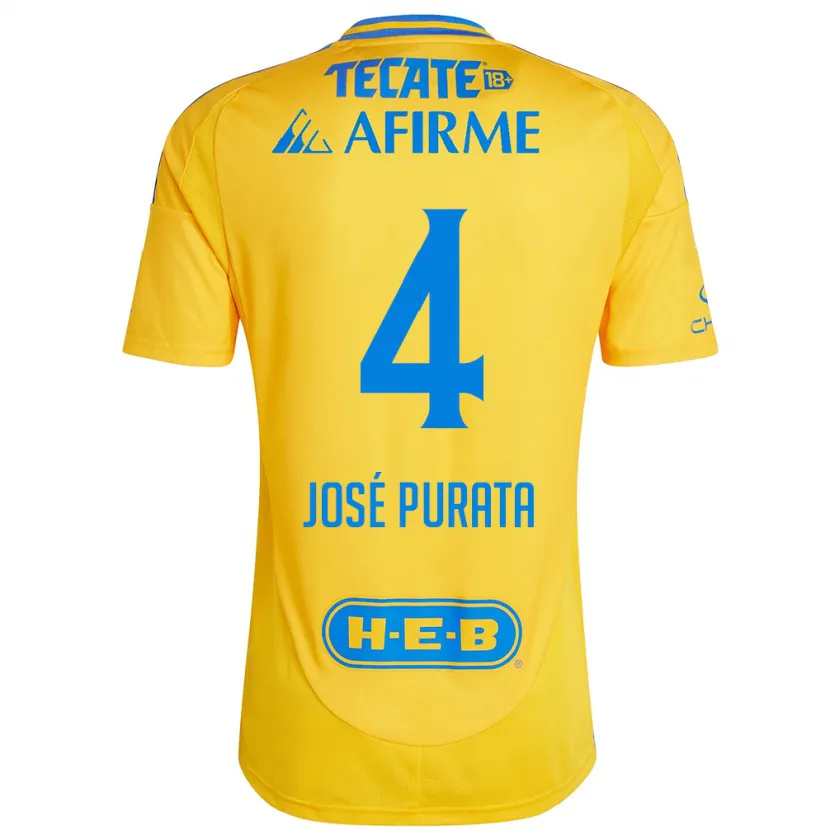 Danxen Niño Camiseta Juan José Purata #4 Oro Amarillo 1ª Equipación 2024/25 La Camisa México