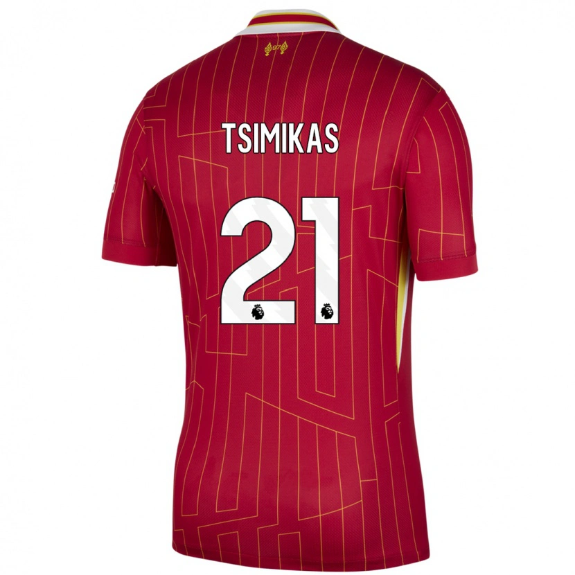 Danxen Mujer Camiseta Konstantinos Tsimikas #21 Rojo Amarillo Blanco 1ª Equipación 2024/25 La Camisa México