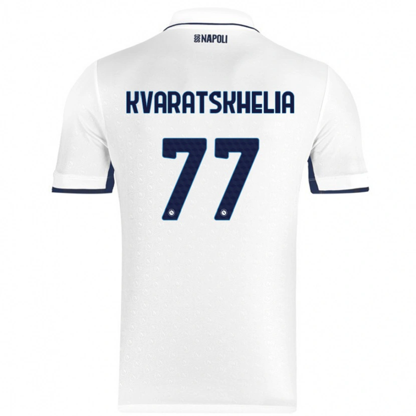 Danxen Mujer Camiseta Khvicha Kvaratskhelia #77 Blanco Azul Real 2ª Equipación 2024/25 La Camisa México